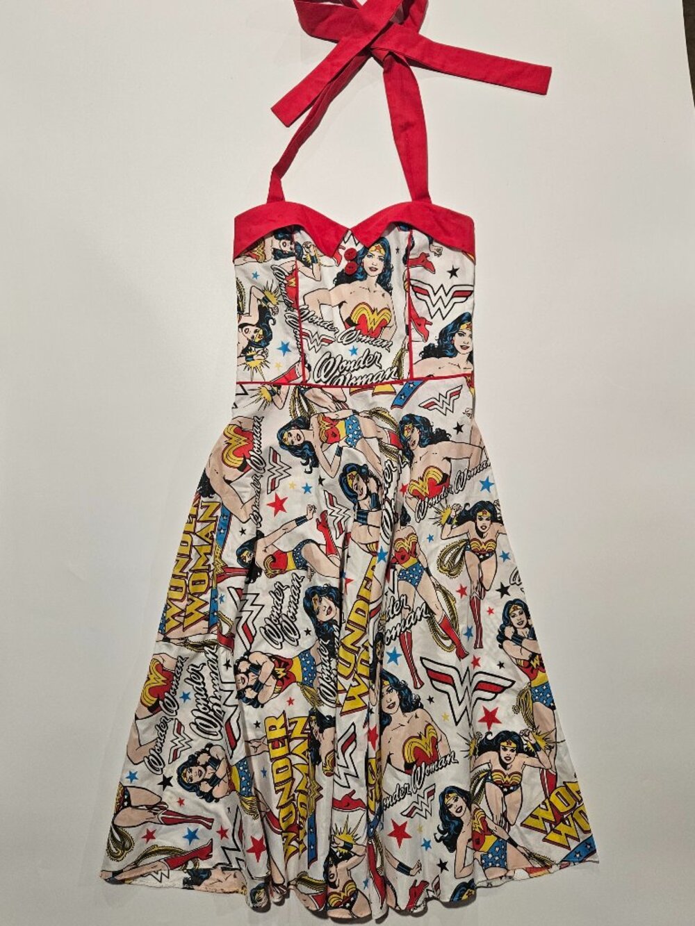 Handmade Wonder Woman Comic Print Halter Fit & Flare Dress Smocked Back